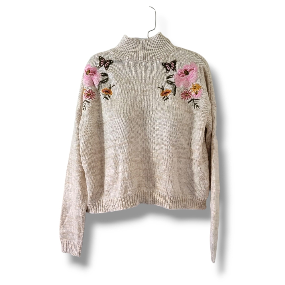 Cloud Chaser | NWT 'Coffee Milk' Floral Embroidered Mock Neck Knit Sweater